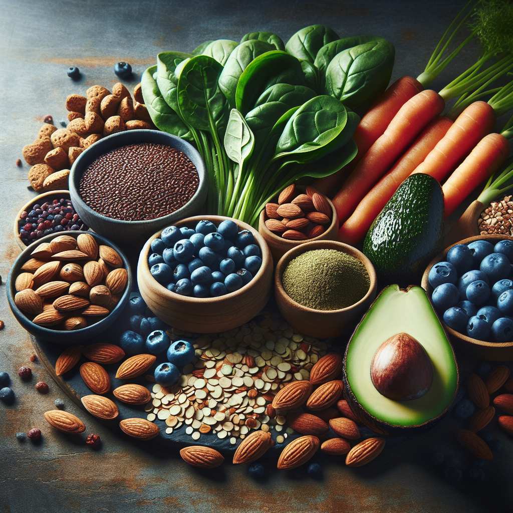 Realistic assortment of nutrient-rich foods like spinach, almonds, avocado, blueberries, and carrots on a wooden table, with natural lighting.