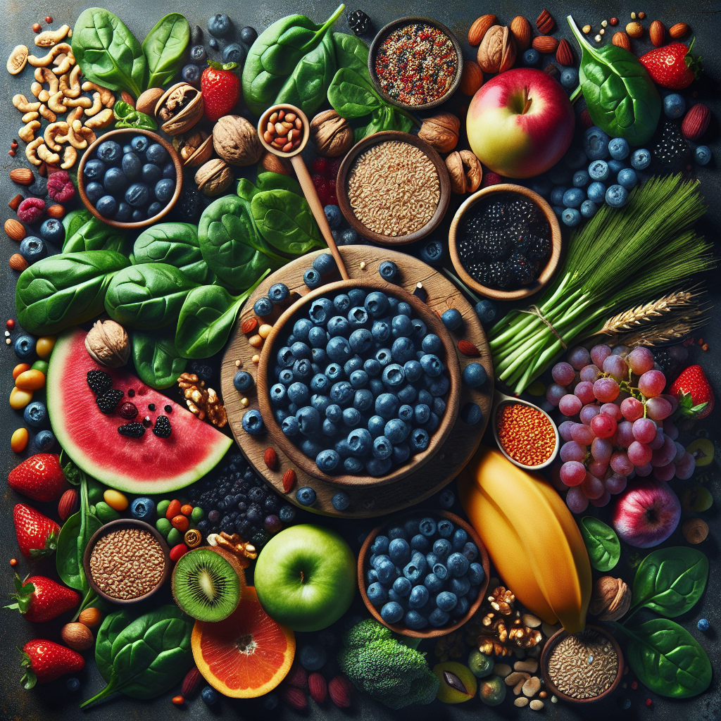 Assorted colorful and nutrient-rich fruits, nuts, grains, and vegetables, highlighted in a bright, realistic composition.