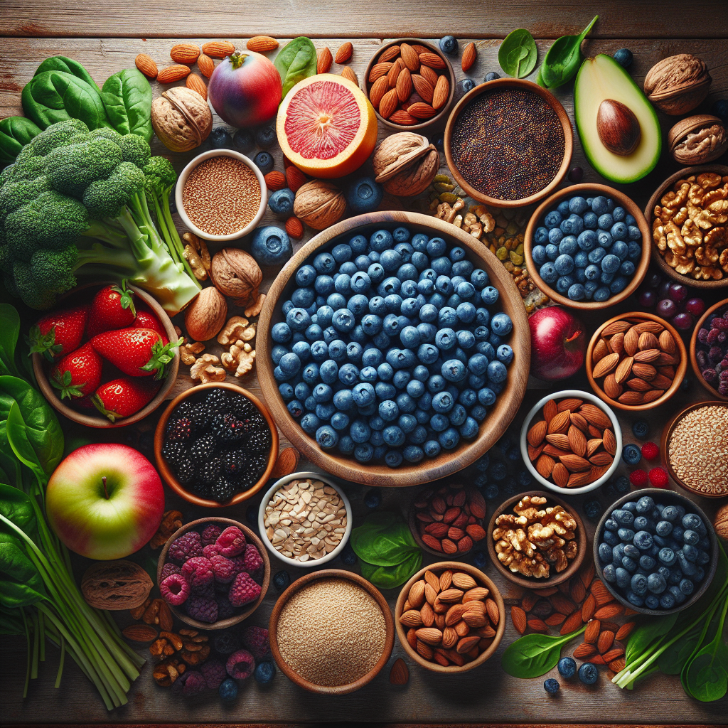 Assortment of nutrient-rich foods including spinach, blueberries, nuts, and grains on a wooden table.