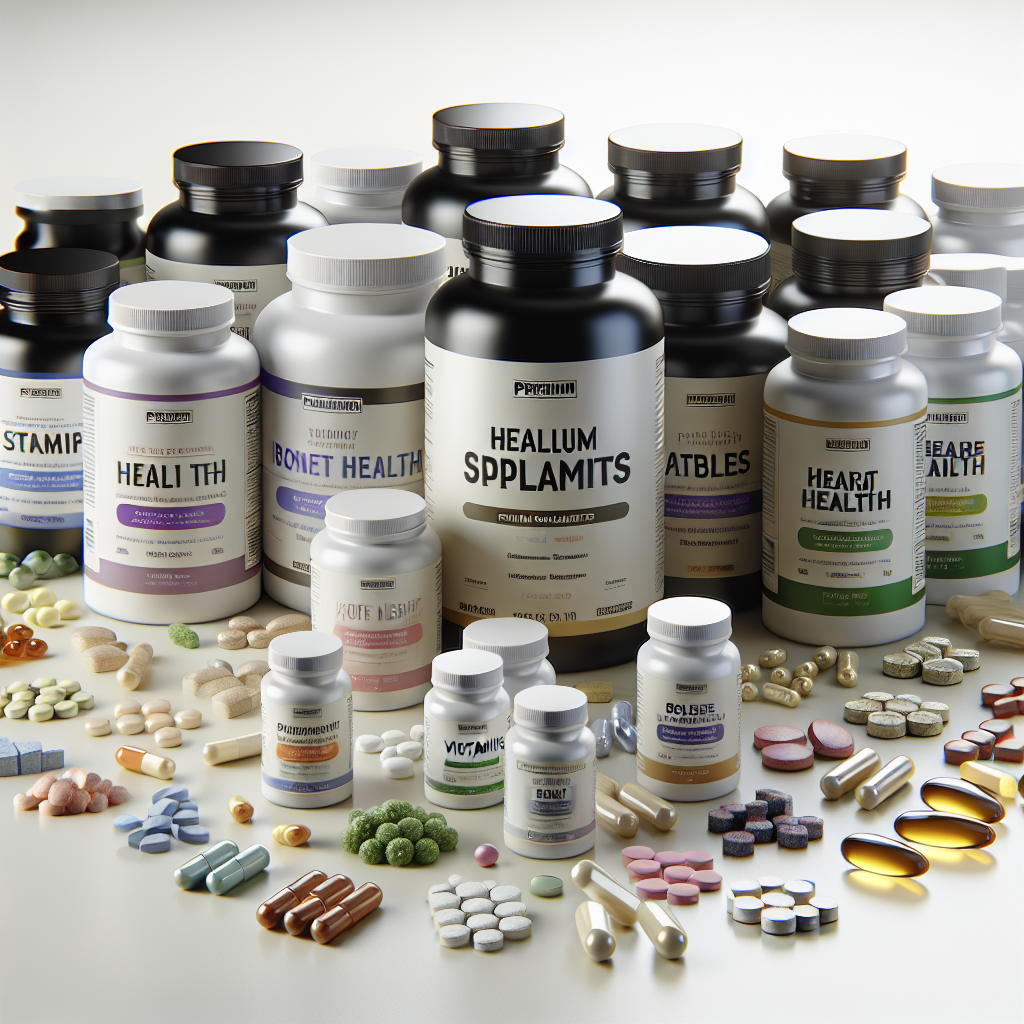 Health and wellness premium supplements arranged neatly against a clean, white background.