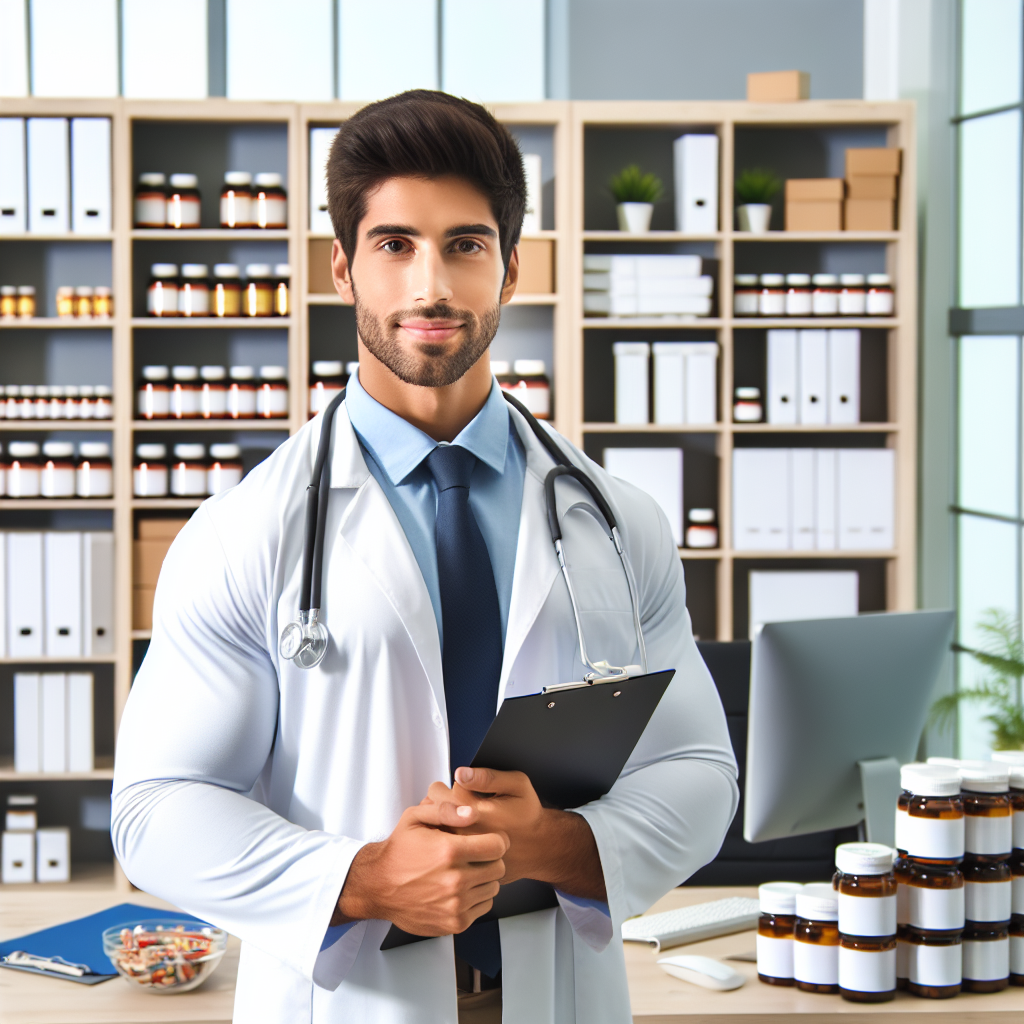 A realistic image of a healthcare professional providing expert supplement guidance in a modern office setting.