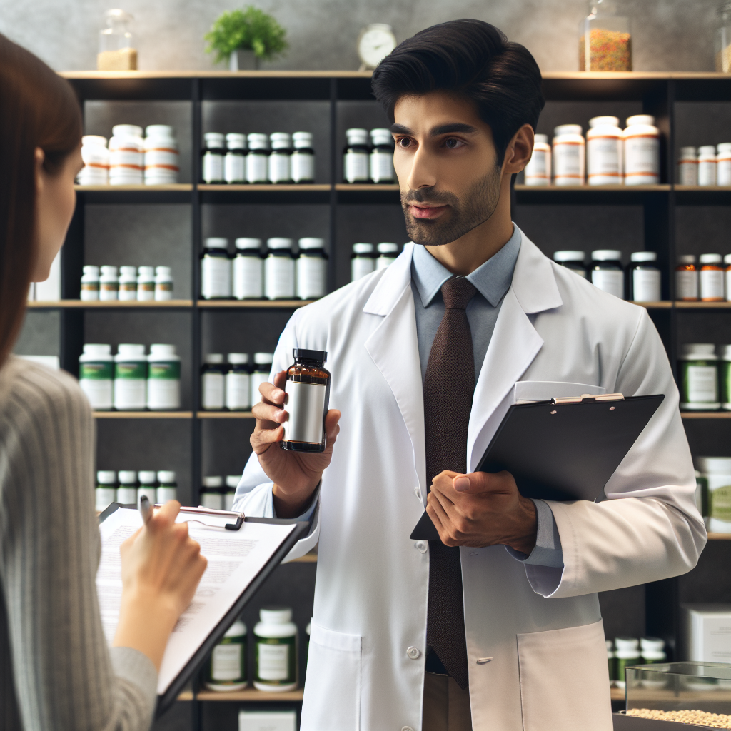 Expert nutritionist consulting a client about dietary supplements in a well-organized clinic.