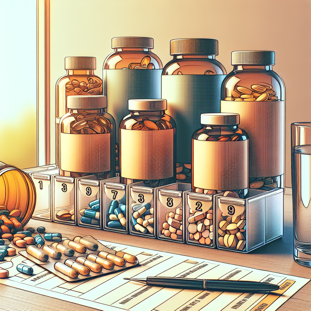 A selection of vitamin and supplement bottles, a pill organizer, and a glass of water on a clean surface in a realistic style.