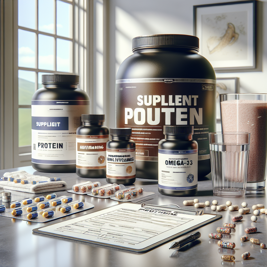 Realistic image of a supplement routine setup including various supplements, a shaker, a glass of water, and a notepad on a clean counter.