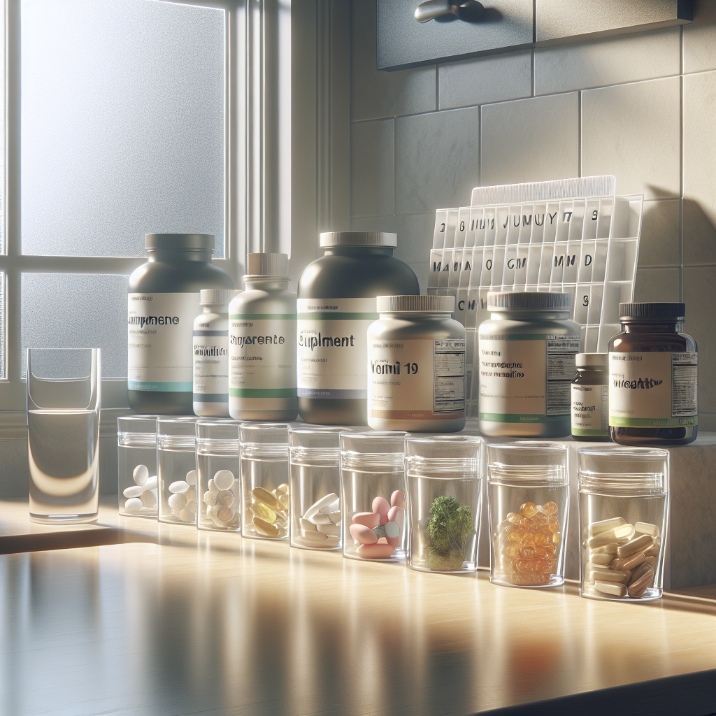 Realistic supplement routine with jars, bottles, and a glass of water on a kitchen counter.
