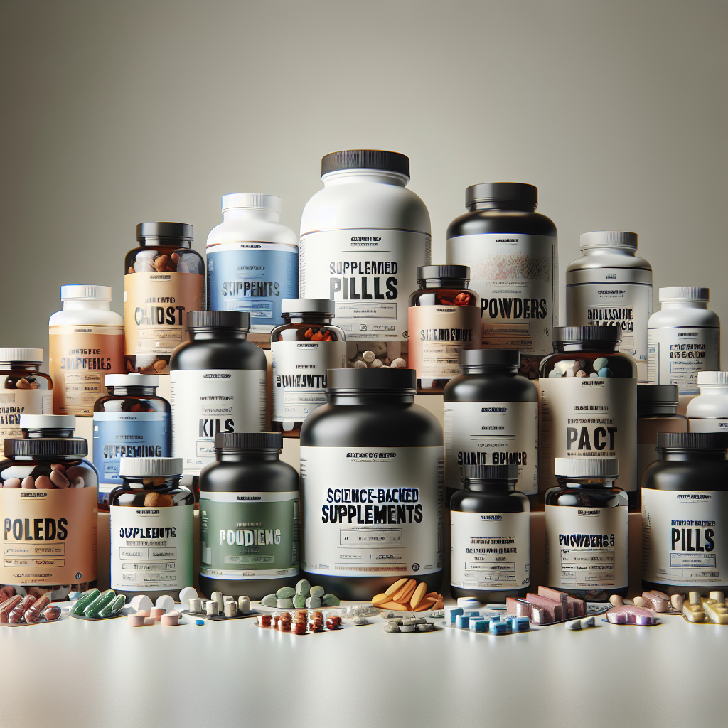 A realistic depiction of science-backed supplements with various bottles and pills.