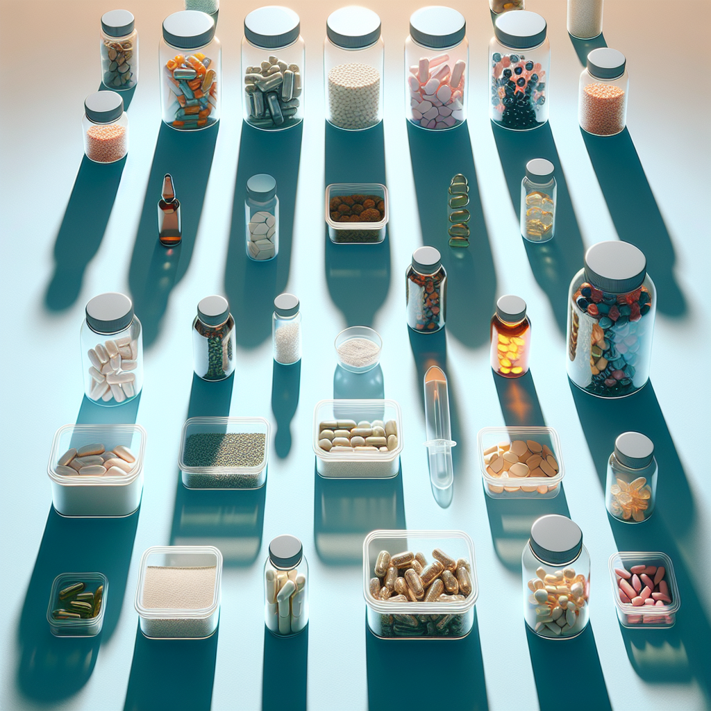 A realistic image of various science-backed supplements neatly arranged on a bright surface.