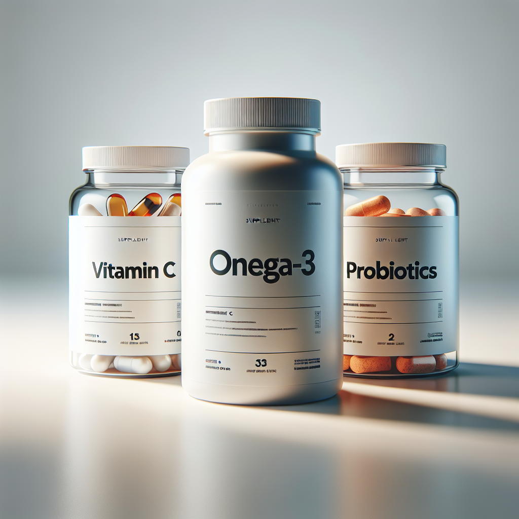 Realistic image of three supplement bottles labeled 'Vitamin C', 'Omega-3', and 'Probiotics', with open caps and revealed tablets or capsules on a white background.