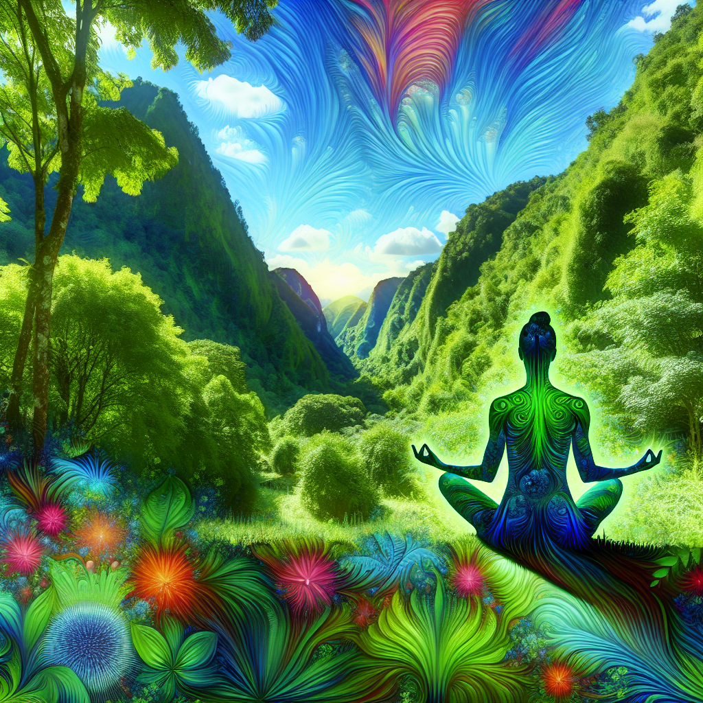 A serene, natural landscape with lush greenery, clear skies, vibrant colors, and a person practicing yoga, showcasing peace and optimal health.