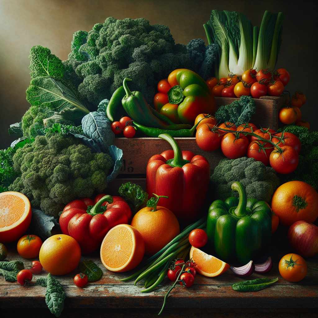 Vibrant vegetables and fresh fruits on a rustic wooden table in realistic style.