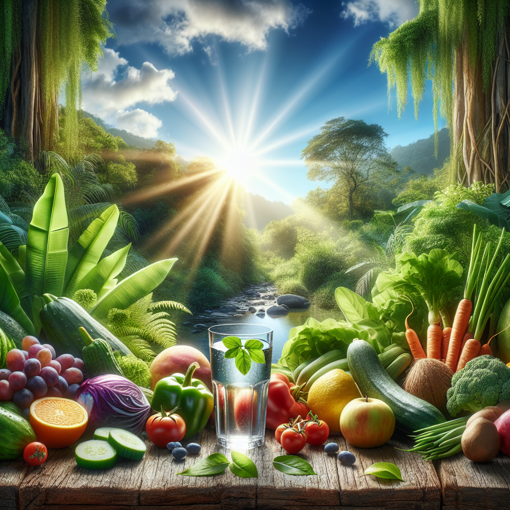 Optimal health depicted with fresh fruits and vegetables in a serene natural setting.