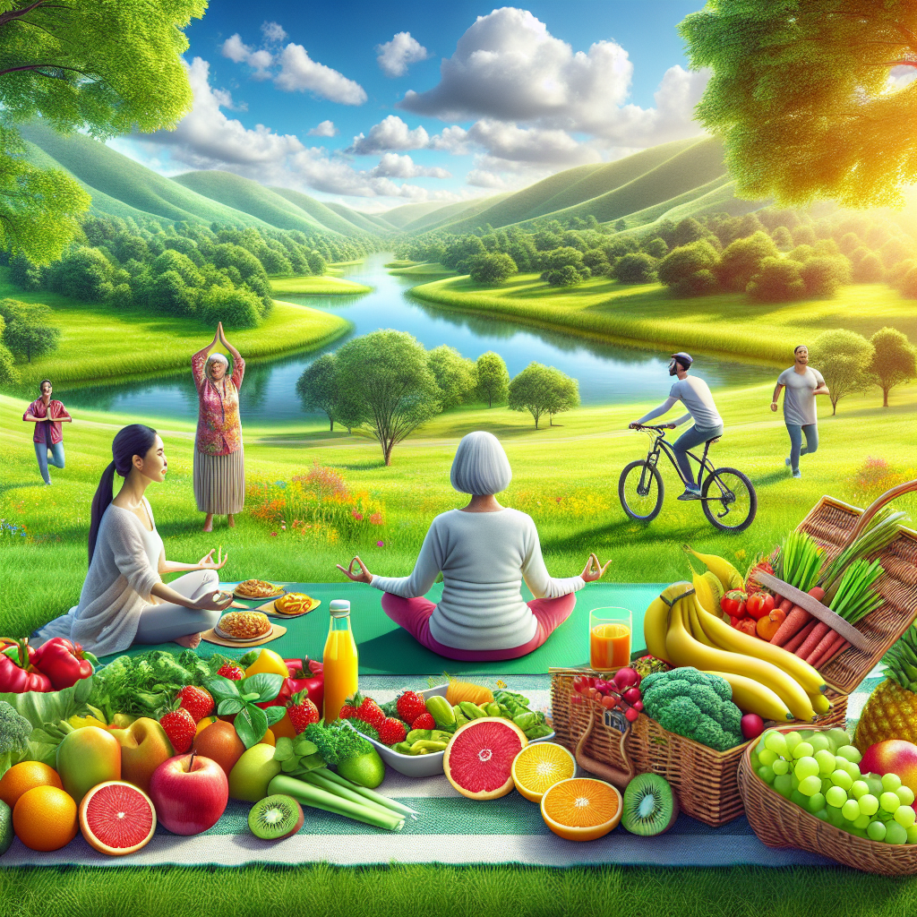 A depiction of optimal health with a serene outdoor environment, people engaging in healthy activities, and vibrant fruits and vegetables.