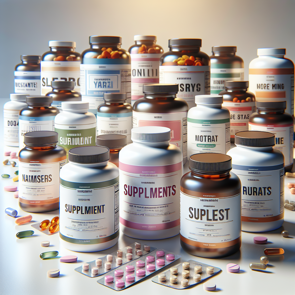 Various dietary supplement bottles and pills on a clean surface.