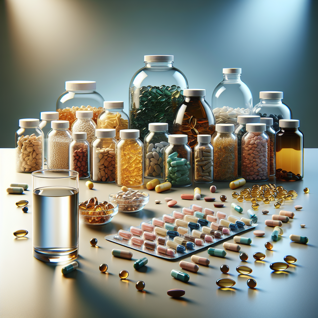 A realistic display of various dietary supplements and a glass of water on a table.