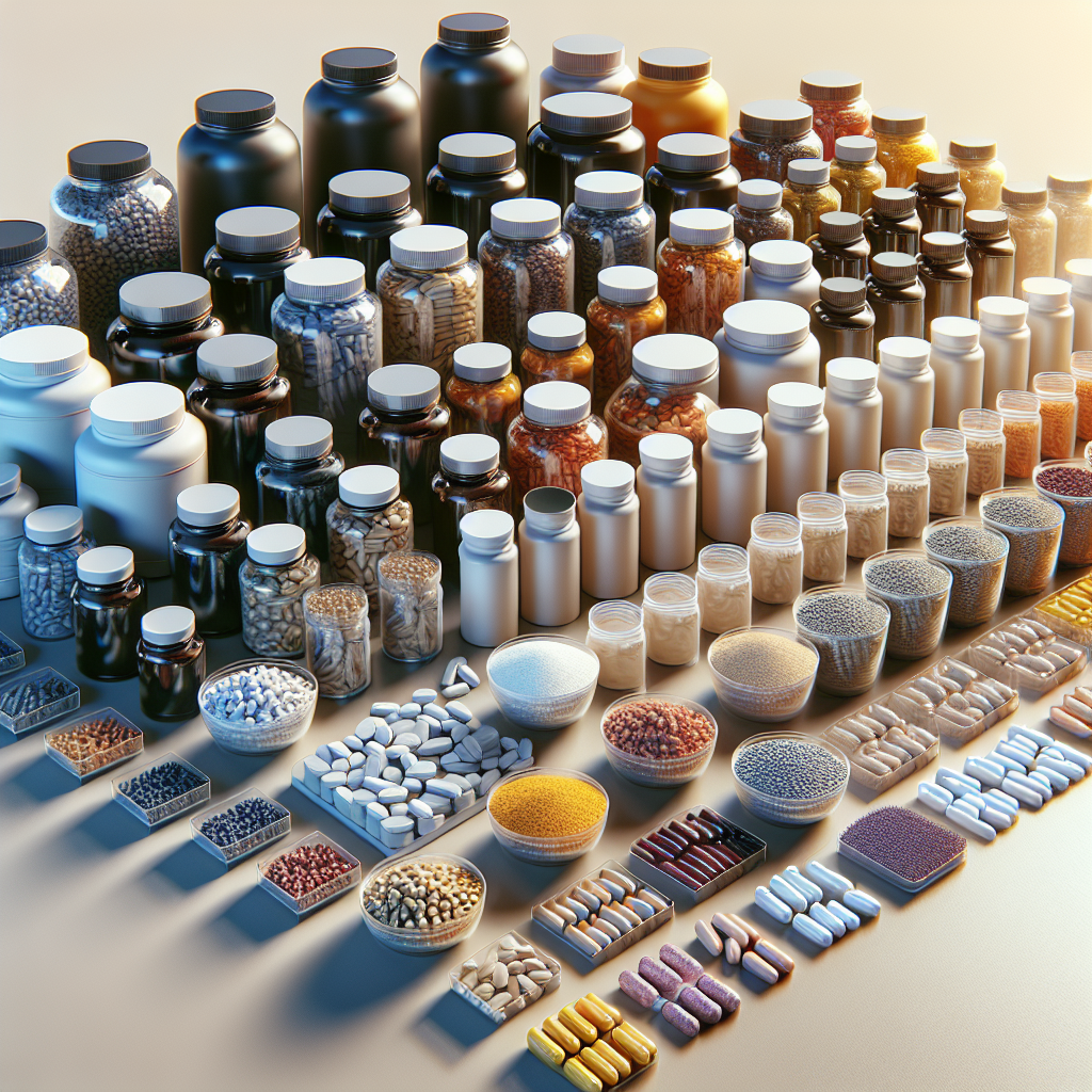 Realistic depiction of various supplements including capsules, tablets, and powders arranged on a clean surface.