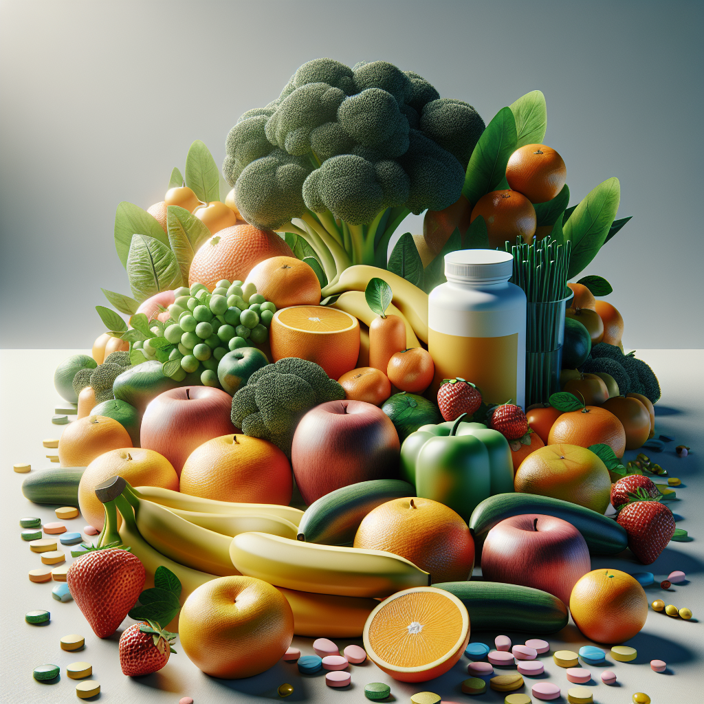 A realistic depiction of various vitality boosters including fruits, vegetables, and supplements.