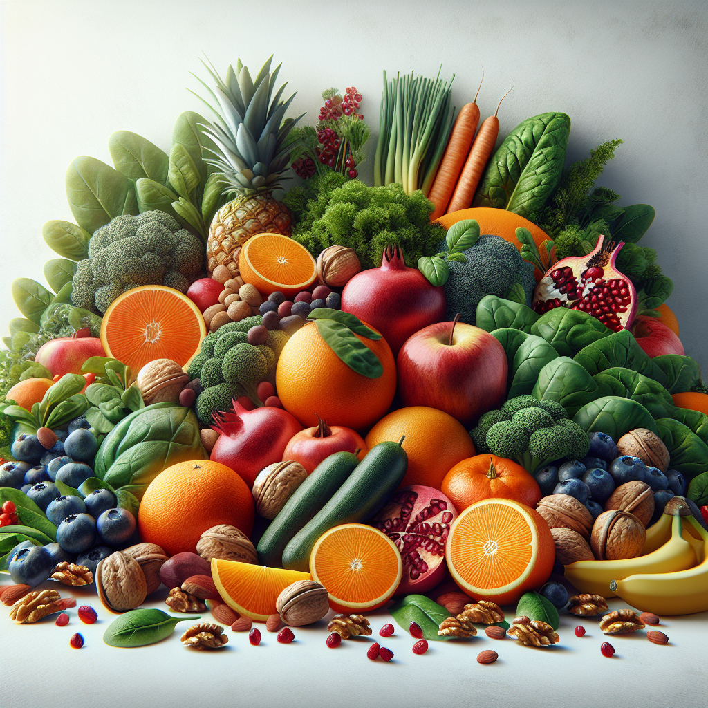 A realistic depiction of various vitality boosters including fresh fruits, greens, and nuts on a white background.