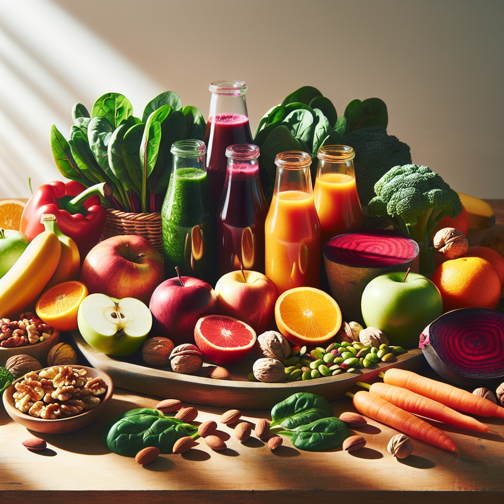 A realistic image of vitality boosters including fresh fruits, vegetables, nuts, and vibrant juices.