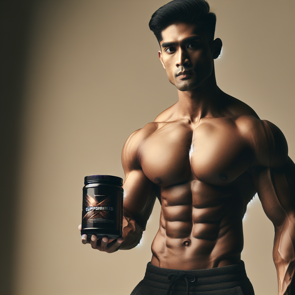 A realistic image of a person with a muscular physique holding body supplements.