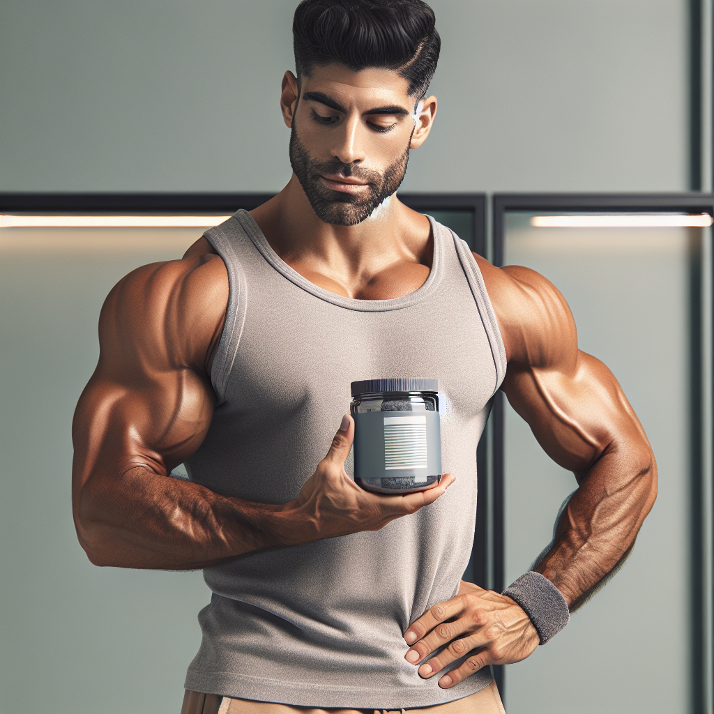 A man holding a container of supplements, exemplifying strength and health.