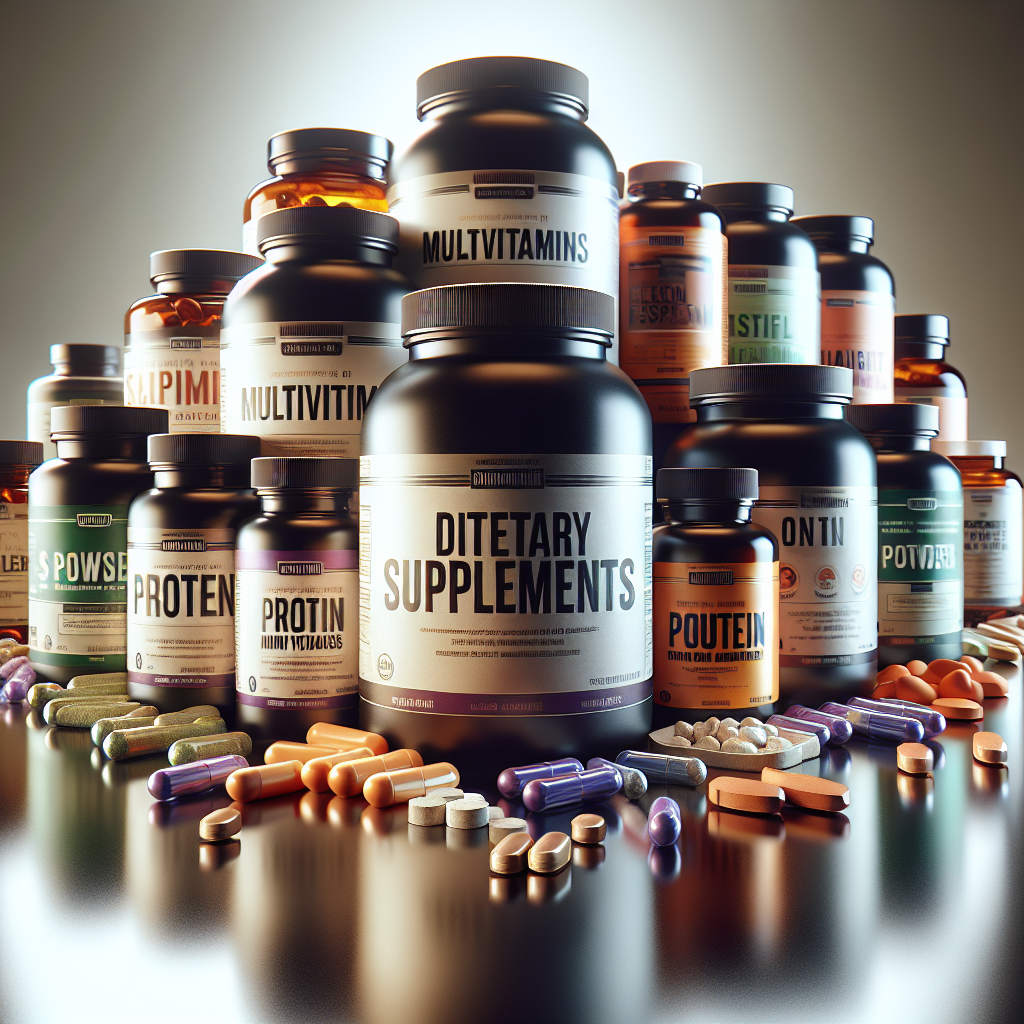A realistic image of various dietary supplements including bottles, capsules, and powders on a reflective surface.