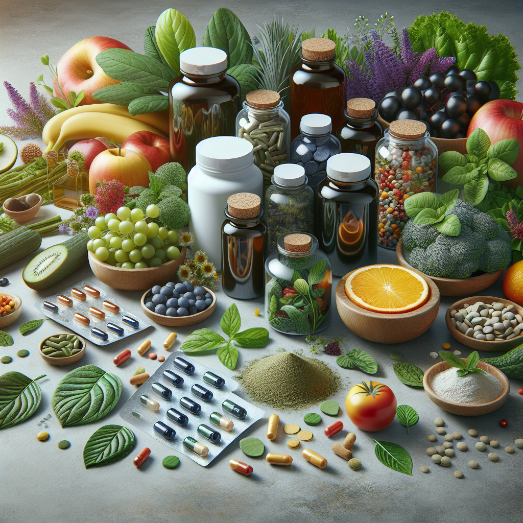 A realistic image of various natural supplements including capsules, tablets, and powders surrounded by fresh leaves, fruits, and flowers on a clean surface.