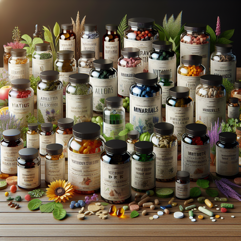 A realistic depiction of various natural supplements in bottles and jars arranged on a wooden table with natural elements.