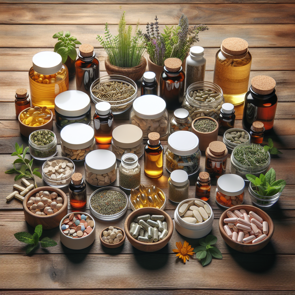 A realistic image of natural supplements on a wooden table, with bottles and jars of vitamins, herbs, and pills, surrounded by fresh plants.