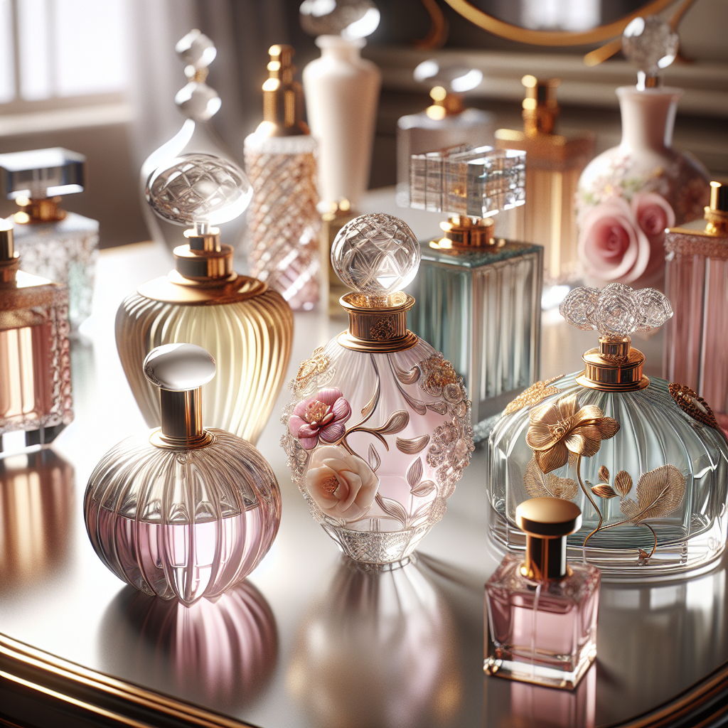 Assortment of elegant feminine perfume bottles on a glossy wooden vanity table.