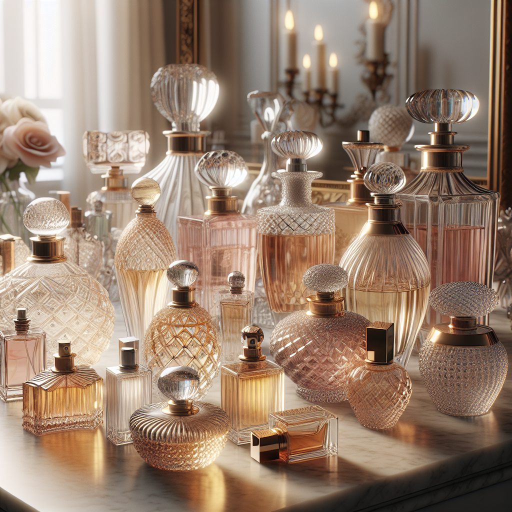 A collection of elegantly designed feminine perfume bottles on a marble vanity.