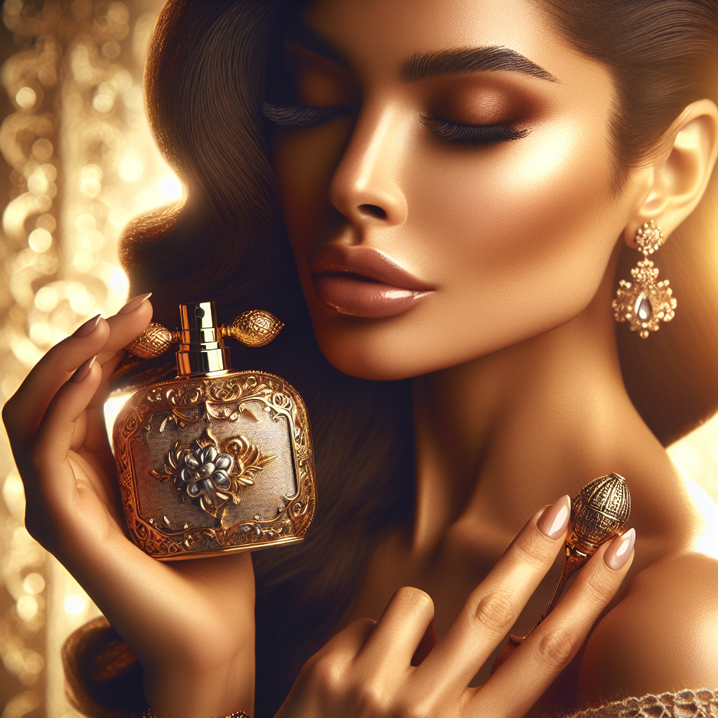 A woman applying perfume on her wrist with an elegant, vintage perfume bottle.