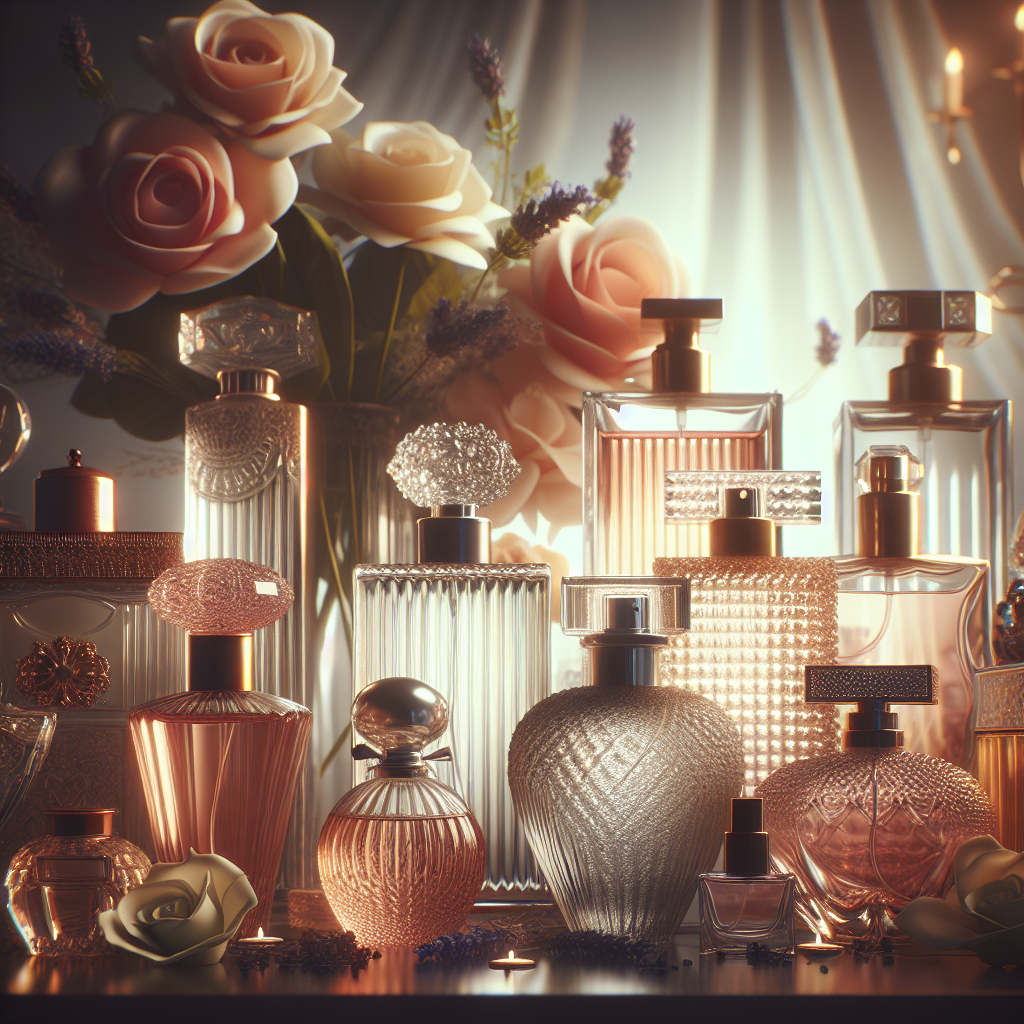 A high-resolution realistic image of various feminine perfume bottles on an elegant vanity table with soft, warm lighting and floral elements.
