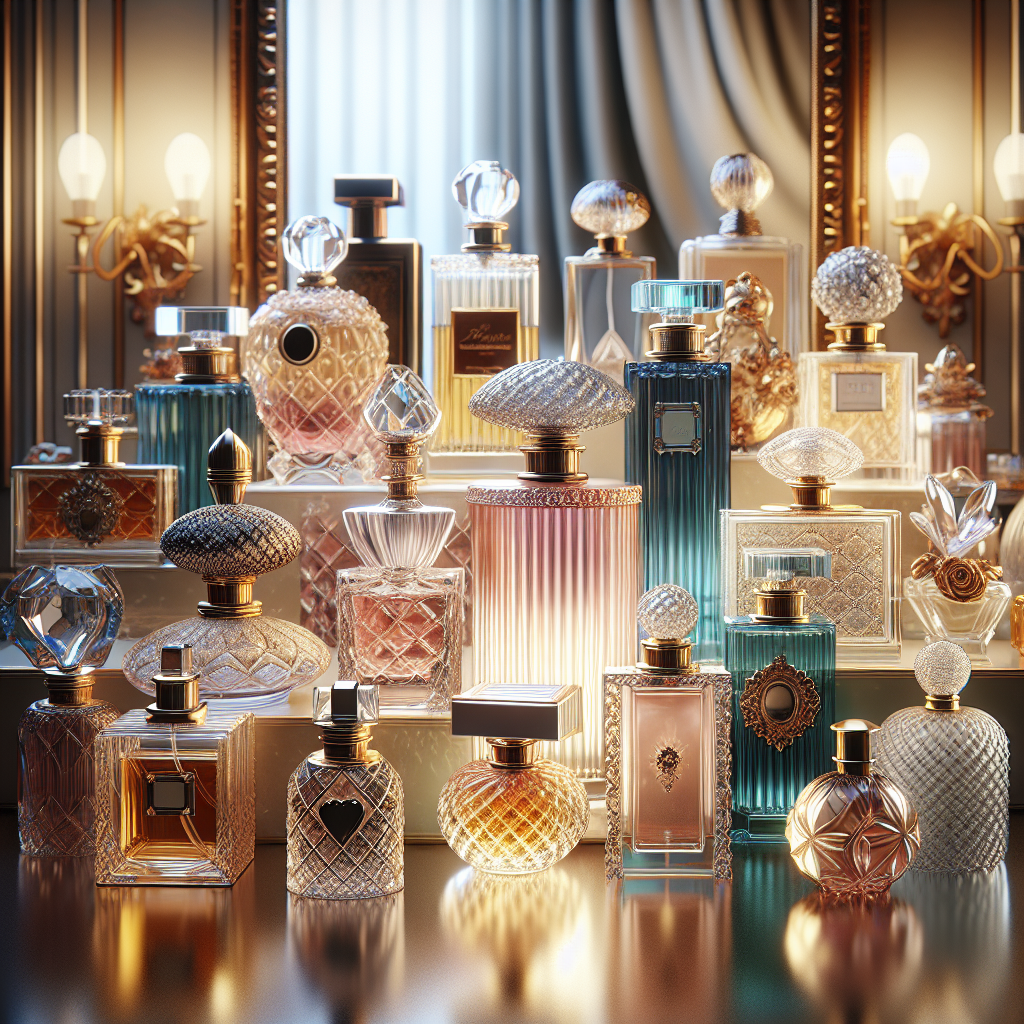 An elegant display of various intricately designed perfume bottles on a luxurious vanity.