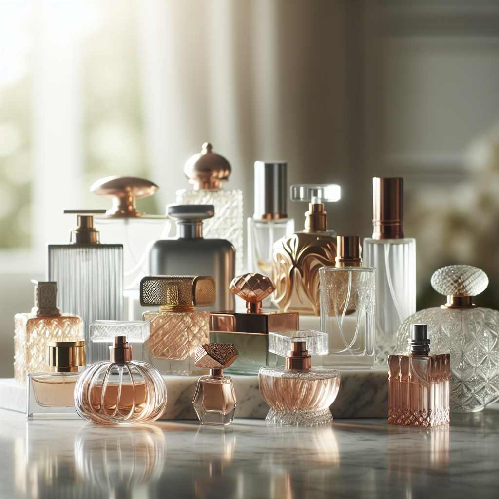 Elegant perfume bottles arranged on a marble surface.