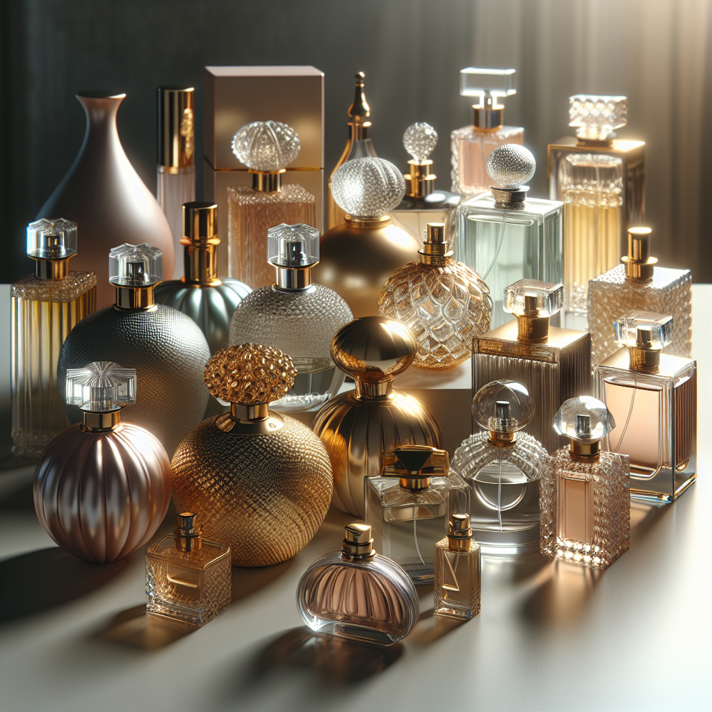 An arrangement of several high-end perfume bottles on a vanity table.