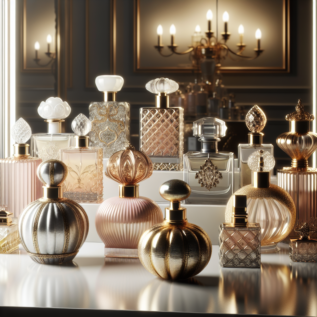 A realistic display of elegant perfume bottles with various unique designs and luxurious textures.