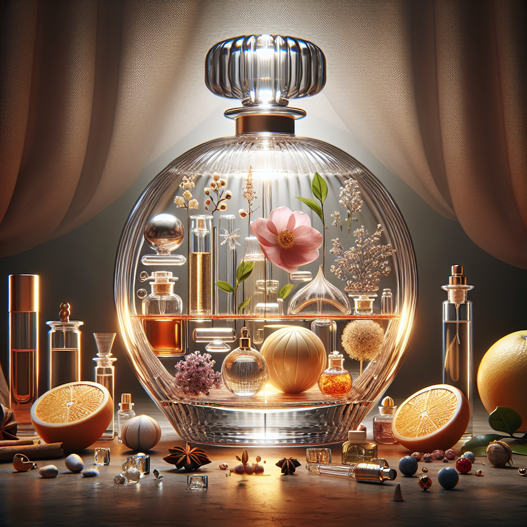 An elegant glass bottle of fragrance surrounded by elements representing essential oils, aroma compounds, and solvents.