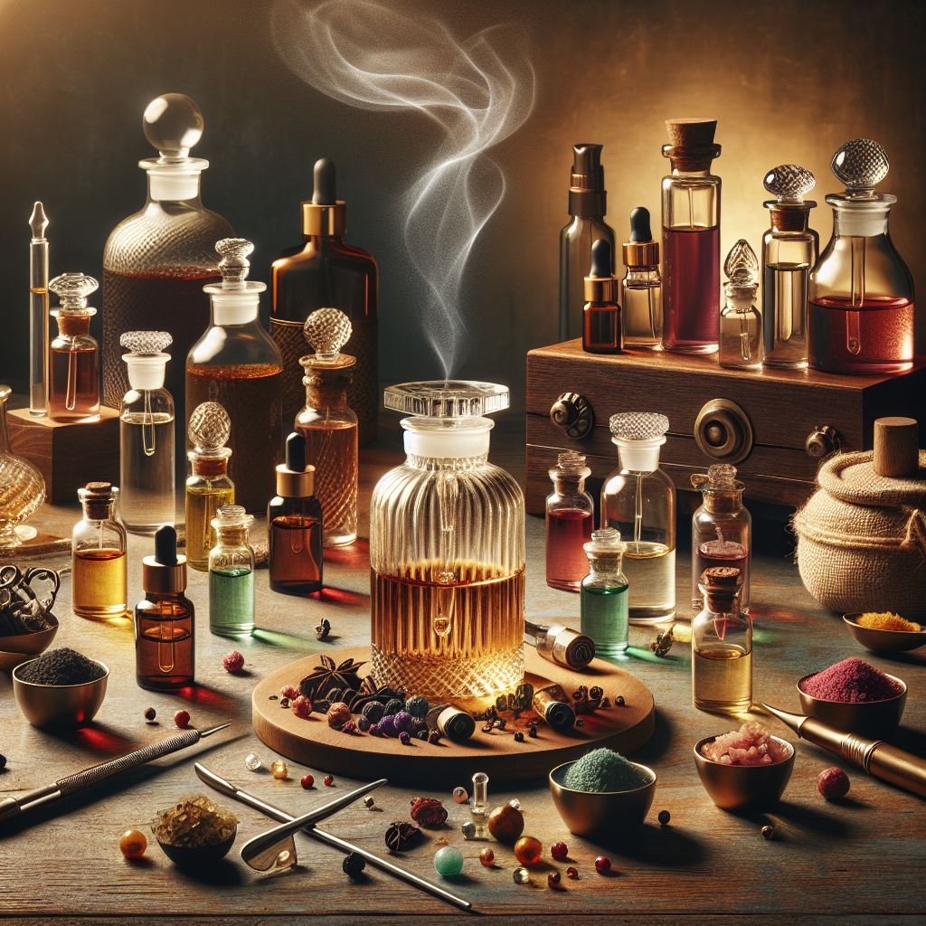 A realistic image depicting the process of fragrance creation with various essential oils and tools.