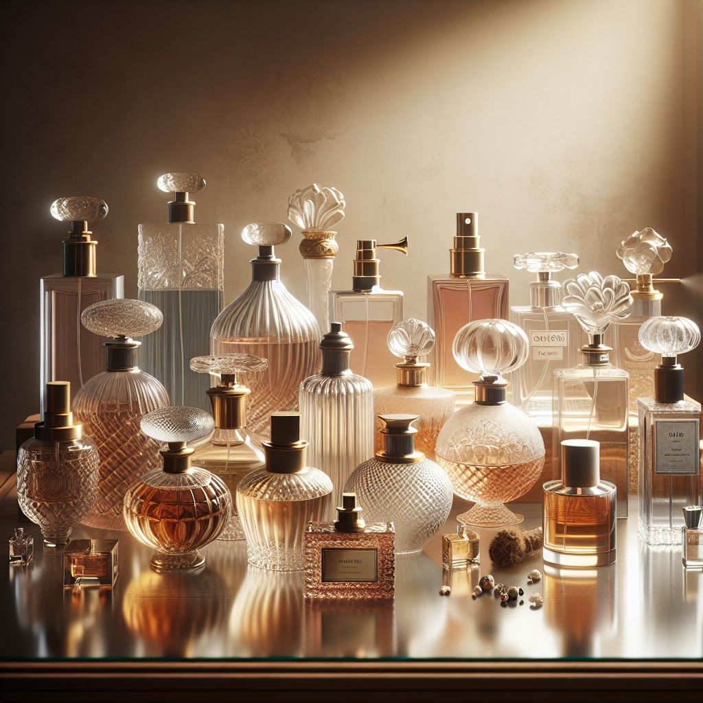 A realistic image of various perfume bottles on a glass dresser, surrounded by essential oils and aroma compounds, in warm, diffused lighting.