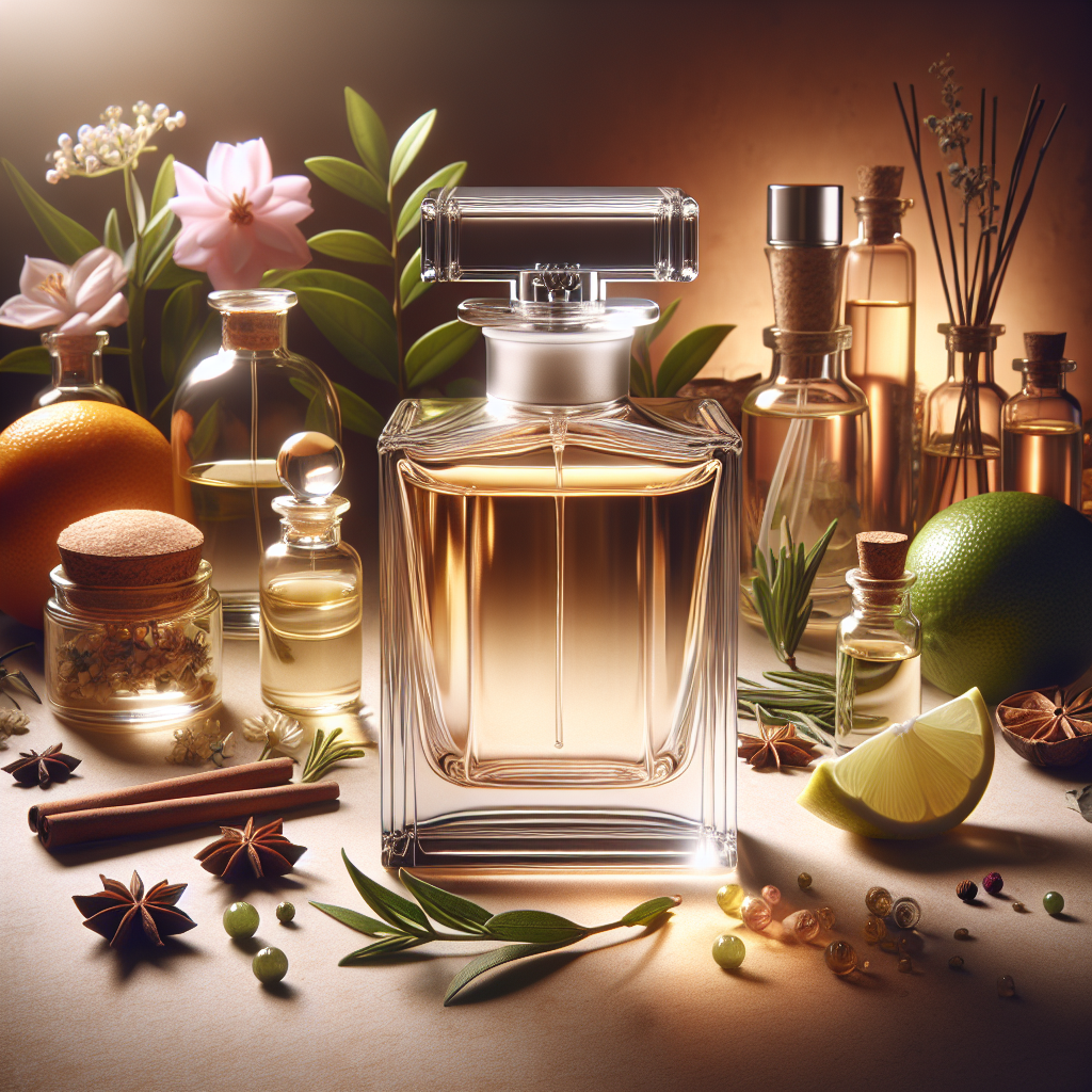 A realistic image of a perfume bottle surrounded by natural fragrance ingredients such as flowers, citrus fruits, and spices.