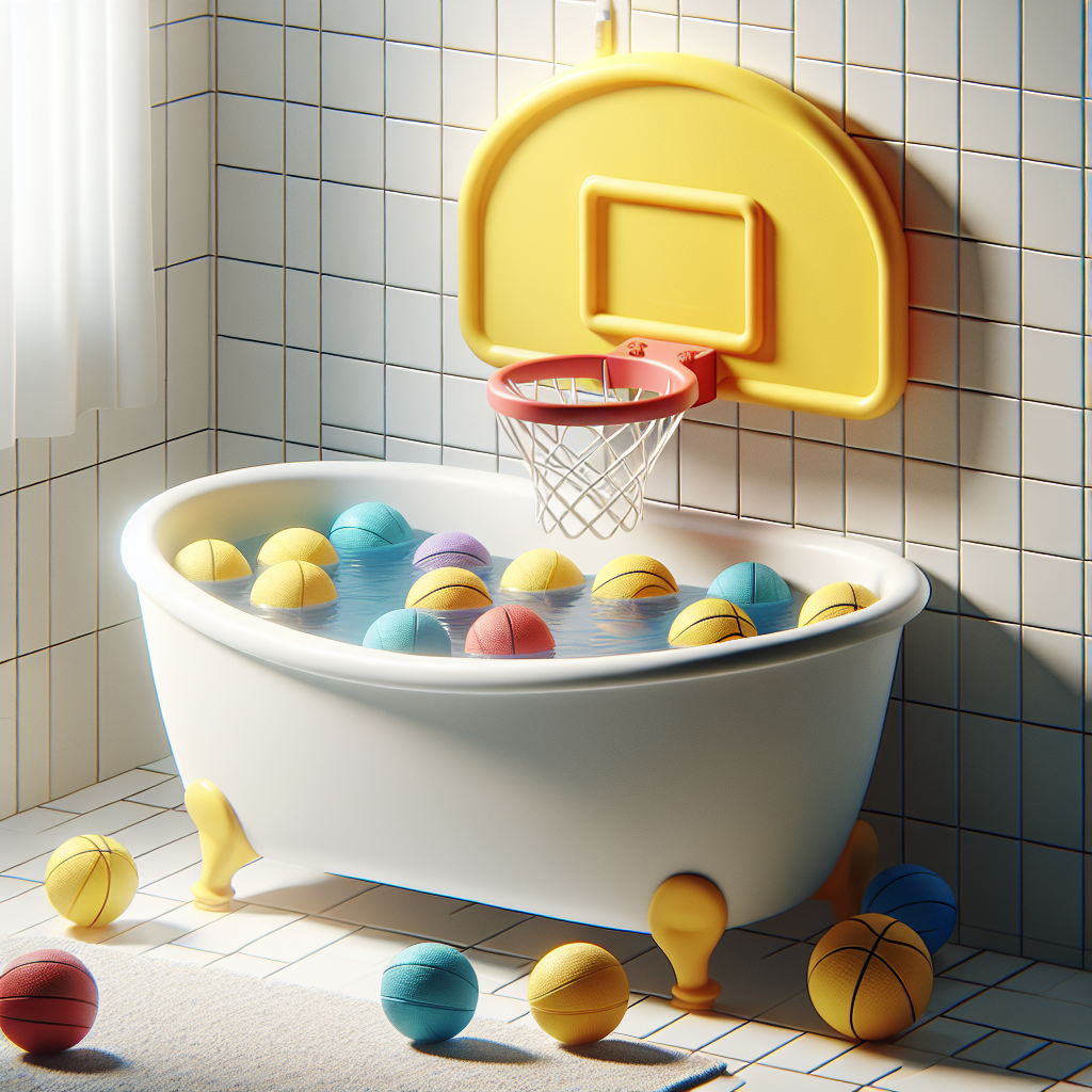 A realistic depiction of a child's bathtub basketball hoop attached to a bathroom wall by a bathtub with colorful balls.