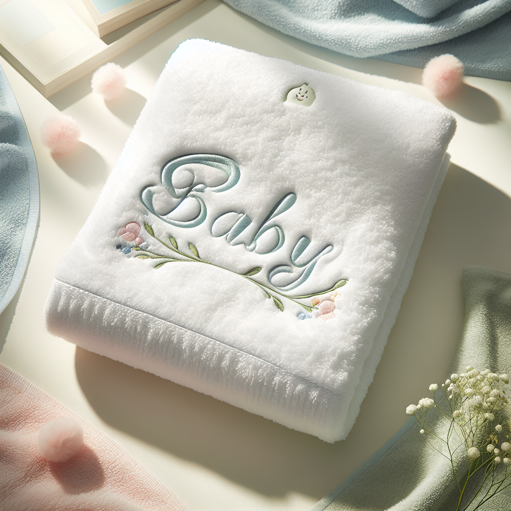 A realistic image of a personalized baby bath towel with the baby's name embroidered on it.