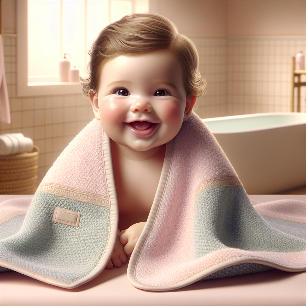 A cute baby wrapped in a soft, personalized bath towel with a name on it, smiling joyfully.