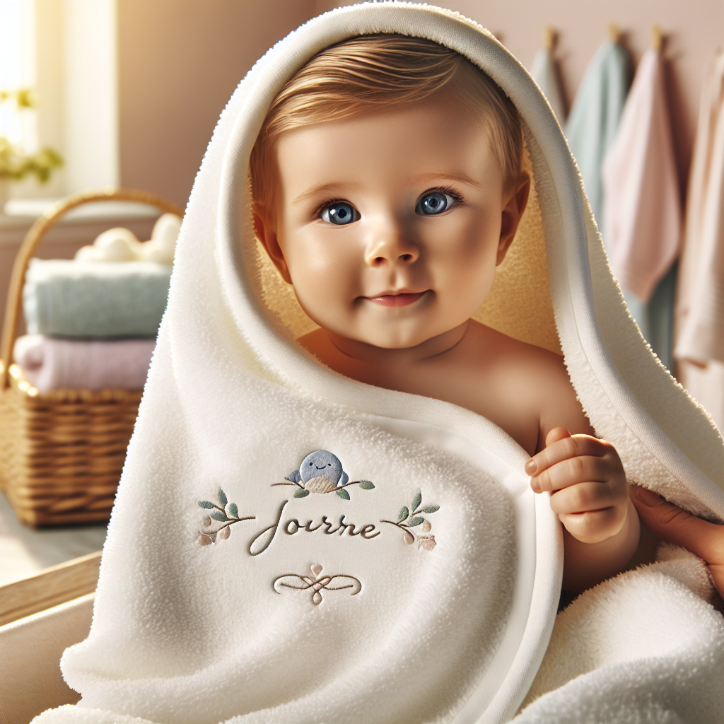 A realistic image of a personalized baby bath towel wrapped around a smiling baby in a cozy bathroom.