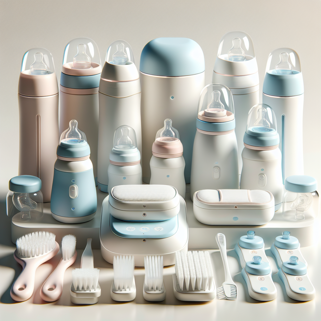 Various baby bottle accessories including a bottle brush, sterilizer, and bottle warmer on a clean, white background.