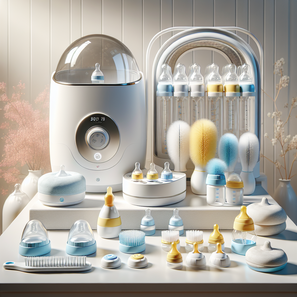 A realistic depiction of baby bottle accessories including a bottle warmer, sterilizer, brushes, and bottle caps on a white surface.