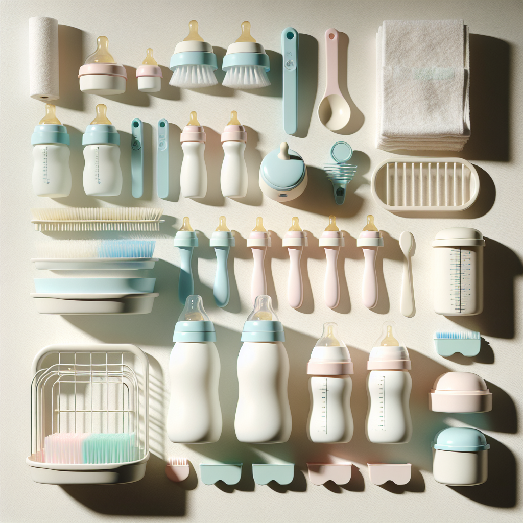 Various baby bottle accessories neatly arranged on a clean, white surface in soft pastel colors.