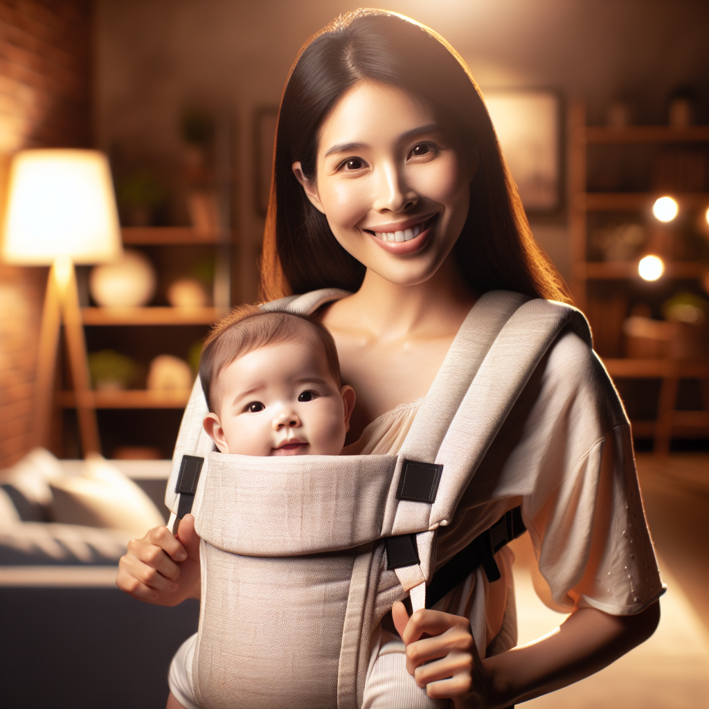 A parent using a hands-free shoulder carrier to carry a baby in a cozy, warm-lit living room.