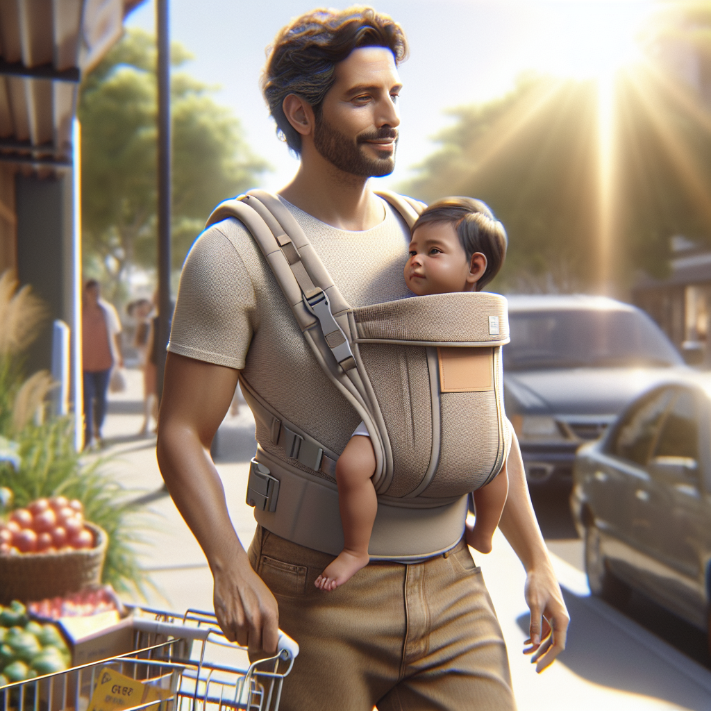 Parent using a hands-free shoulder carrier holding a baby while engaged in an activity.