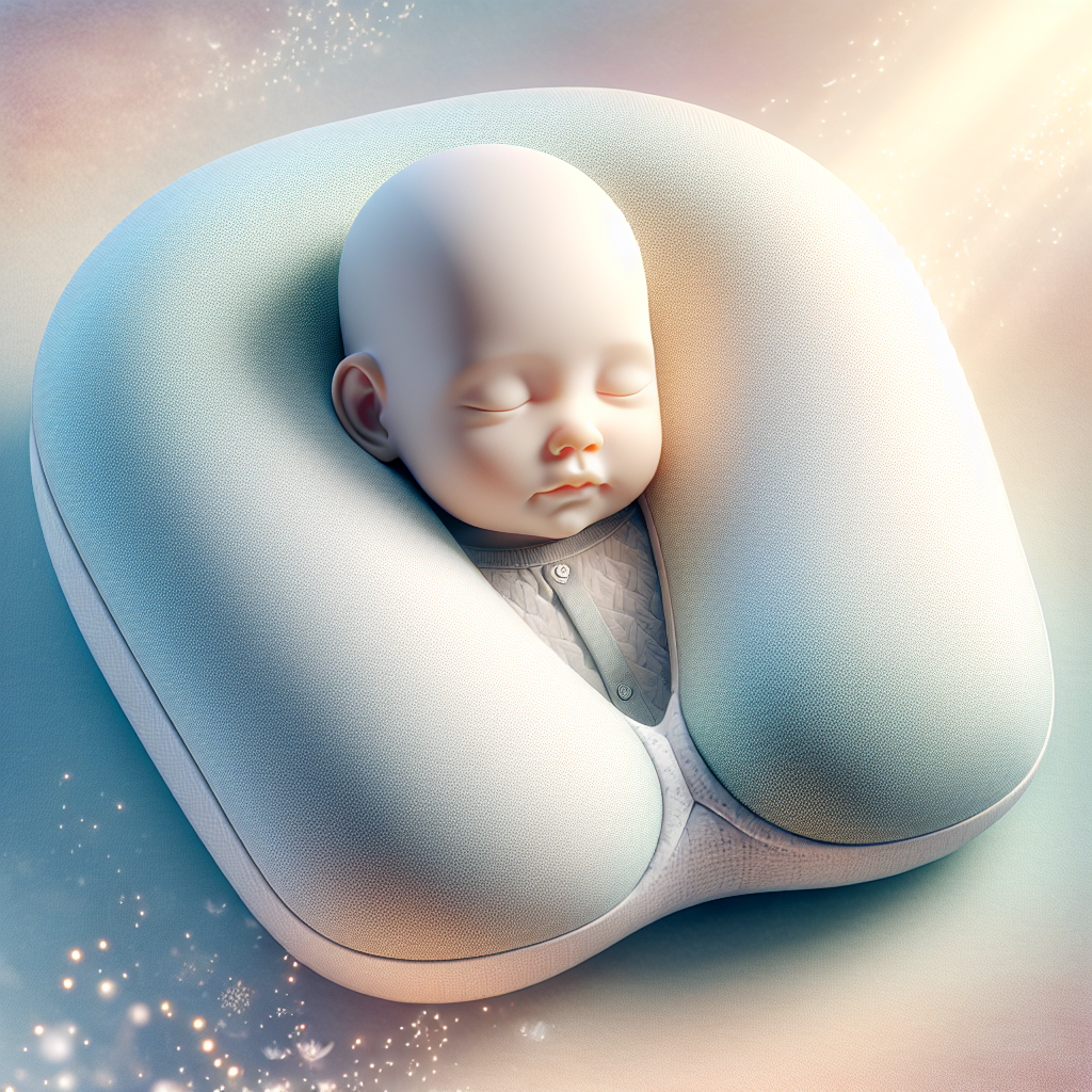 A realistic depiction of a flat head prevention pillow for babies with an ergonomic design.